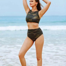Load image into Gallery viewer, S-2XL Camo Criss-Cross swimsuit olive forest green camouflage sporty two-piece