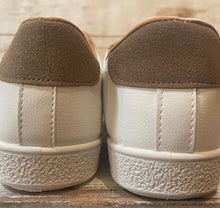 Load image into Gallery viewer, new white sneakers + terra-cotta cheetah or cabin white - silver & black striped low top lace up tennis shoes women 7.5 8