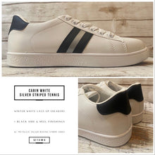 Load image into Gallery viewer, new white sneakers + terra-cotta cheetah or cabin white - silver & black striped low top lace up tennis shoes women 7.5 8