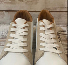 Load image into Gallery viewer, new white sneakers + terra-cotta cheetah or cabin white - silver & black striped low top lace up tennis shoes women 7.5 8