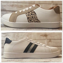 Load image into Gallery viewer, new white sneakers + terra-cotta cheetah or cabin white - silver & black striped low top lace up tennis shoes women 7.5 8