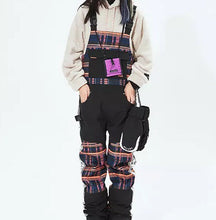 Load image into Gallery viewer, NWT ski snow bib black snowboarding overalls crackling fire vector plaid waterproof adjustable