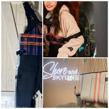 Load image into Gallery viewer, NWT ski snow bib black snowboarding overalls crackling fire vector plaid waterproof adjustable