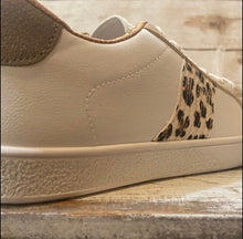 Load image into Gallery viewer, new white sneakers + terra-cotta cheetah or cabin white - silver & black striped low top lace up tennis shoes women 7.5 8