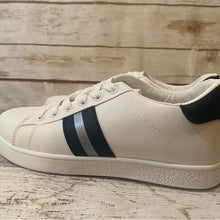 Load image into Gallery viewer, new white sneakers + terra-cotta cheetah or cabin white - silver & black striped low top lace up tennis shoes women 7.5 8