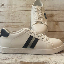 Load image into Gallery viewer, new white sneakers + terra-cotta cheetah or cabin white - silver & black striped low top lace up tennis shoes women 7.5 8