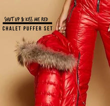 Load image into Gallery viewer, new Chalet SNOW puffer SET 2pc ski jacket & pant coordinate cabin chic vacation fun photo flattering Insta ready black red pink S M L XL 2XL