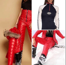 Load image into Gallery viewer, new Chalet SNOW puffer SET 2pc ski jacket & pant coordinate cabin chic vacation fun photo flattering Insta ready black red pink S M L XL 2XL