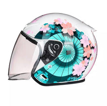 Load image into Gallery viewer, NWT Helmet - His & Her M-XL Prix Black Racer / Aqua Blossom / Vintage Red Camel - DOT certified motorcycle Vespa riding helmets + visor