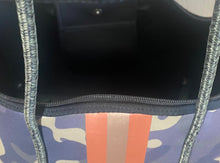 Load image into Gallery viewer, nwt Camo Luxe Rose 2.0 Neoprene Tote Bag + luminous metallic ROSE GOLD stripes w added top zip closure 2023 purse waterproof light beach