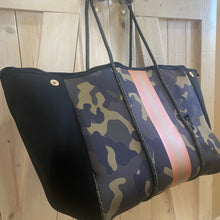 Load image into Gallery viewer, nwt Camo Luxe Rose 2.0 Neoprene Tote Bag + luminous metallic ROSE GOLD stripes w added top zip closure 2023 purse waterproof light beach