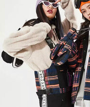 Load image into Gallery viewer, NWT ski snow bib black snowboarding overalls crackling fire vector plaid waterproof adjustable