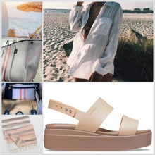 Load image into Gallery viewer, UPF Rashguard Neon Coral Palms surfsuit on cream white swimsuit sun-kissed bright orange palm leaves beach pool surf swim women modest