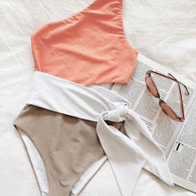 Load image into Gallery viewer, new! Peaches & Cream ribbed one-piece SWIMSUIT peach and beige ribbed color-block w white side tie modest neutral - Small Medium Large XL