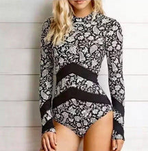 Load image into Gallery viewer, s-xxl UPF Rashguard AIR WAVES Swimsuit black paisley one-piece hip arrows beach pool surf women modest feminine long-sleeve 2023 gift