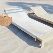 Load image into Gallery viewer, Boho beach blanket fringed wrap pool towel cover-up XL 6.5 ft black + Serape Olé stripes / La Bamba floral bouquet or pearl + cabana stripes