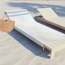 Load image into Gallery viewer, Boho beach blanket fringed wrap pool towel cover-up XL 6.5 ft black Bamba floral Serape stripes or pearl + cabana stripes