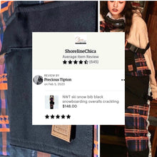 Load image into Gallery viewer, NWT ski snow bib black snowboarding overalls crackling fire vector plaid waterproof adjustable