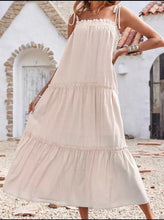 Load image into Gallery viewer, Midsummer Day’s Dream tiered sundress crossover resort dress beach cover up dress midi - maxi solid khaki / beige M or XL 2023 cruise gift