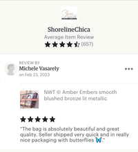 Load image into Gallery viewer, NWT © Amber Embers smooth blushed bronze lit metallic neoprene TOTE w auburn fawn snap sides + rouged amber & chocolate brown racing stripes