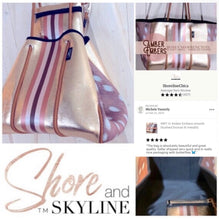 Load image into Gallery viewer, NWT © Amber Embers neoprene TOTE smooth honey blushed metallic bronze w/ auburn fawn deer sides + rouged amber lit & chocolate racing stripe