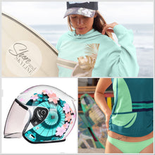 Load image into Gallery viewer, NWT Helmet - His & Her M-XL Prix Black Racer / Aqua Blossom / Vintage Red Camel - DOT certified motorcycle Vespa riding helmets + visor