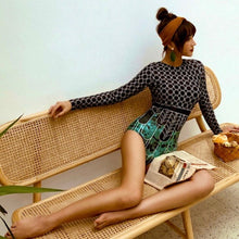 Load image into Gallery viewer, new UPF Black • Jade longsleeve swimsuit S-XL or one-shoulder one piece Emerald • Mist - sz L green gold geometrics modest edgy unique