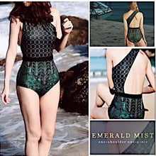 Load image into Gallery viewer, new UPF Black • Jade longsleeve swimsuit S-XL or one-shoulder one piece Emerald • Mist - sz L green gold geometrics modest edgy unique