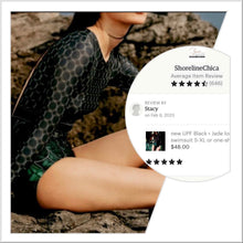 Load image into Gallery viewer, new UPF Black • Jade longsleeve swimsuit S-XL or one-shoulder one piece Emerald • Mist - sz L green gold geometrics modest edgy unique