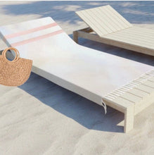 Load image into Gallery viewer, Boho beach blanket fringed wrap pool towel cover-up XL 6.5 ft black + Serape Olé stripes / La Bamba floral bouquet or pearl + cabana stripes