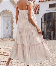 Load image into Gallery viewer, Midsummer Day’s Dream tiered sundress crossover resort dress beach cover up dress midi - maxi solid khaki / beige M or XL 2023 cruise gift