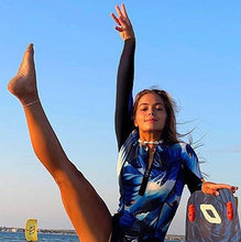 Load image into Gallery viewer, UPF 40+ Rashguard Blue Breeze Coral longsleeve one-piece royal blue white & blackest navy swimsuit + tangerine surf swim ski paddle kayak