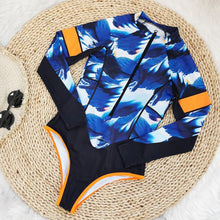 Load image into Gallery viewer, UPF 40+ Rashguard Blue Breeze Coral longsleeve one-piece royal blue white & blackest navy swimsuit + tangerine surf swim ski paddle kayak