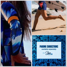 Load image into Gallery viewer, S-XL UPF Rashguard Blue Breeze Coral longsleeve one-piece royal blue white & blackest navy swimsuit + tangerine surf swim ski paddle kayak
