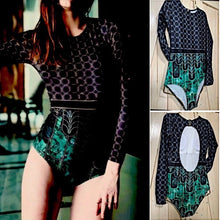 Load image into Gallery viewer, new UPF Black • Jade longsleeve swimsuit S-XL or one-shoulder one piece Emerald • Mist - sz L green gold geometrics modest edgy unique