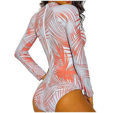 Load image into Gallery viewer, UPF Rashguard Neon Coral Palms surfsuit on cream white swimsuit sun-kissed bright orange palm leaves beach pool surf swim women modest