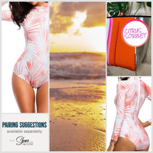 Load image into Gallery viewer, UPF Rashguard Neon Coral Palms surfsuit on cream white swimsuit sun-kissed bright orange palm leaves beach pool surf swim women modest