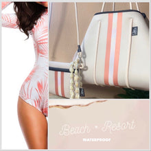 Load image into Gallery viewer, UPF Rashguard Neon Coral Palms surfsuit on cream white swimsuit sun-kissed bright orange palm leaves beach pool surf swim women modest