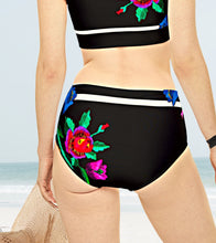 Load image into Gallery viewer, Shore and Skyline 2pc SWIMSUIT black white stripe pink blue flowers two piece top bottom swim surf beach unhindered modest bikini women cruise resort