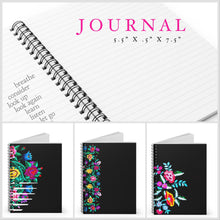 Load image into Gallery viewer, JOURNAL black floral ( lattice border bouquet bamba ) lined vacation diary prayer plan brainstorm spiral notebook dream write remember