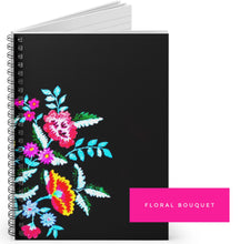 Load image into Gallery viewer, JOURNAL black floral ( lattice border bouquet bamba ) lined vacation diary prayer plan brainstorm spiral notebook dream write remember