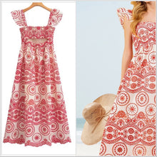 Load image into Gallery viewer, new smocked sundress Boho red green or blue Bluebonnet MAXI floral eyelet embroidery ruffled femme dress Spring Summer baby bridal birthday