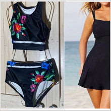 Load image into Gallery viewer, Shore and Skyline 2pc SWIMSUIT black white stripe pink blue flowers two piece top bottom swim surf beach unhindered modest bikini women cruise resort
