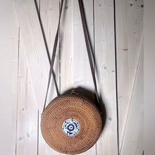 Load image into Gallery viewer, Bali Blue natural woven crossbody round beige rattan purse + royal blue & white ceramic tile resort cruise travel birthday beach purse gift