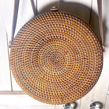 Load image into Gallery viewer, Bali Blue natural woven crossbody round beige rattan purse + royal blue & white ceramic tile resort cruise travel birthday beach purse gift