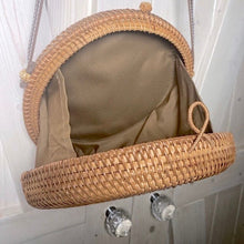 Load image into Gallery viewer, Bali Blue natural woven crossbody round beige rattan purse + royal blue & white ceramic tile resort cruise travel birthday beach purse gift