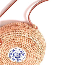 Load image into Gallery viewer, Bali Blue natural woven crossbody round beige rattan purse + royal blue & white ceramic tile resort cruise travel birthday beach purse gift