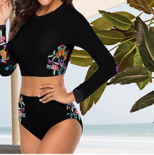 Load image into Gallery viewer, S-2XL swimsuit La Bamba - Monarca Surf-crop black floral two-piece UPF long-sleeve padded rashguard top swim brief flowers Shore and Skyline