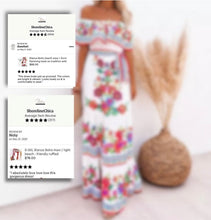 Load image into Gallery viewer, Blanca Boho beach maxi + form flattering twist on tradition with smooth floral print light travel quince wedding shower airy photography