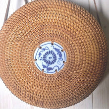 Load image into Gallery viewer, Bali Blue natural woven crossbody round beige rattan purse + royal blue & white ceramic tile resort cruise travel birthday beach purse gift